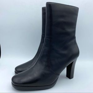 💗MARKON Daysee Black Leather Mod-Calf 3.5” Stacked Heel Boots